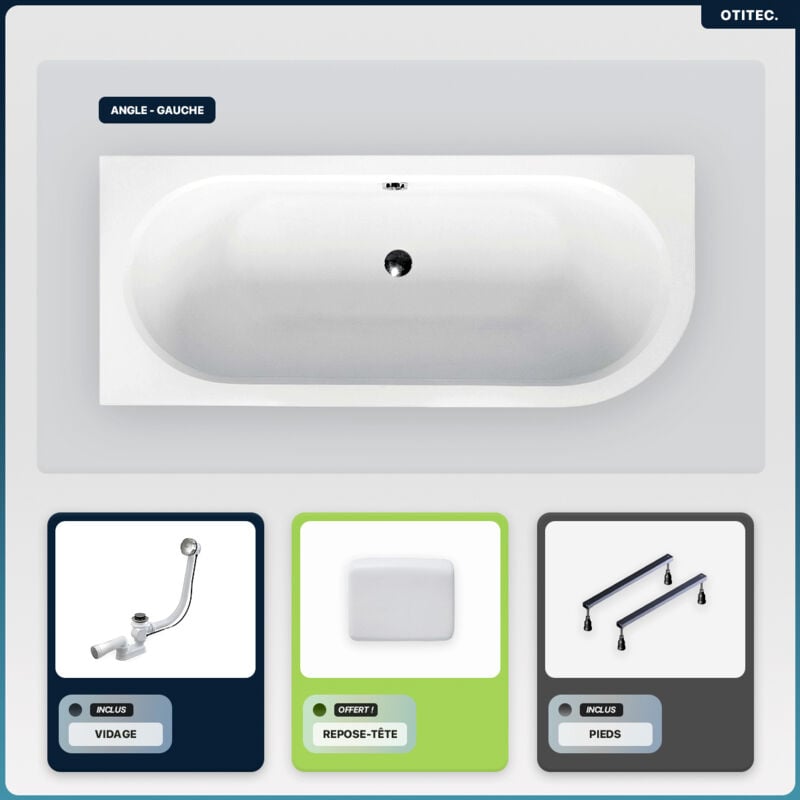 Otitec - Baignoire asymétrique - 170 x 75 cm - Gauche - sans Habillage - avec Pieds - Repose-tête - Vidage Chrome - avita