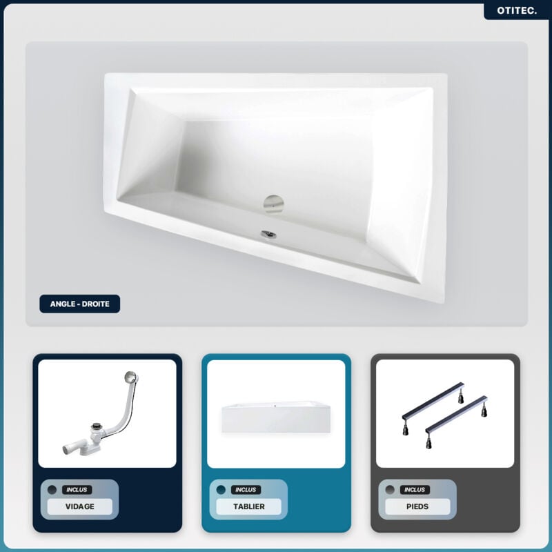 Otitec - Baignoire asymétrique - 180 x 125 cm - Droite - avec Tablier - Pieds - Vidage Chrome - intima duo