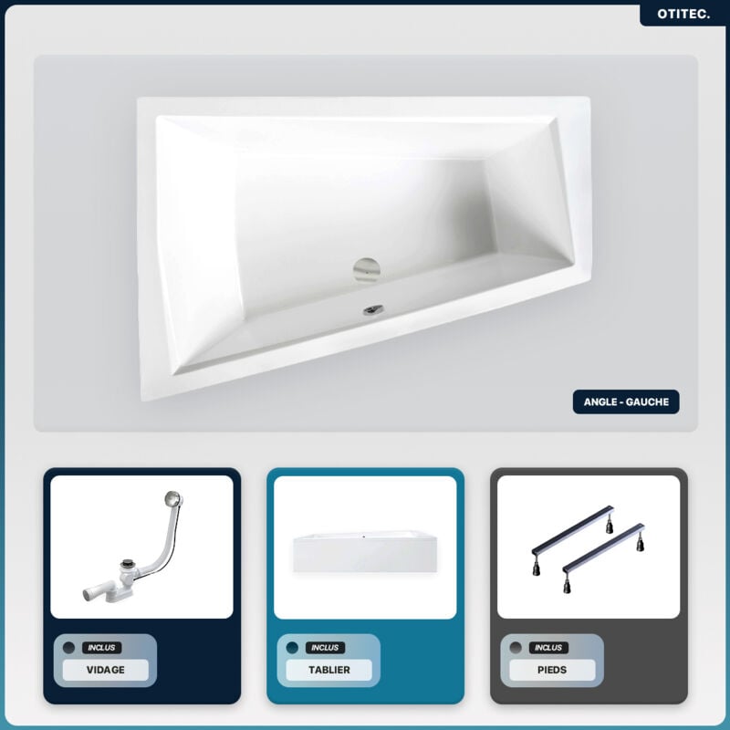 Otitec - Baignoire asymétrique - 180 x 125 cm - Gauche - avec Tablier - Pieds - Vidage Chrome - intima duo