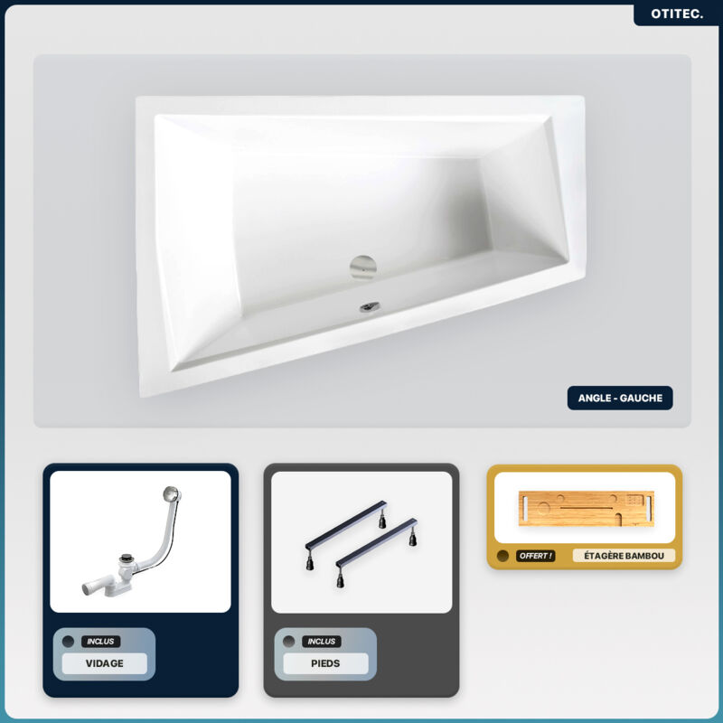 Otitec - Baignoire asymétrique - 180 x 125 cm - Gauche - sans Habillage - avec Pieds - Étagère bambou - Vidage Chrome - intima duo