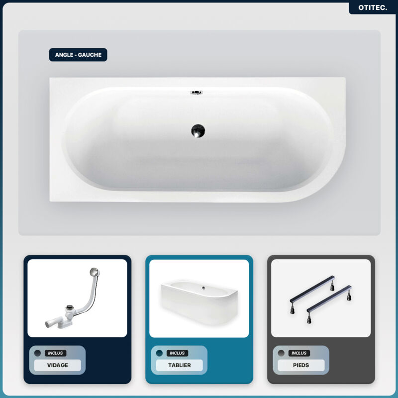 Otitec - Baignoire asymétrique - 180 x 80 cm - Gauche - avec Tablier Blanc - Pieds - Vidage Chrome - avita