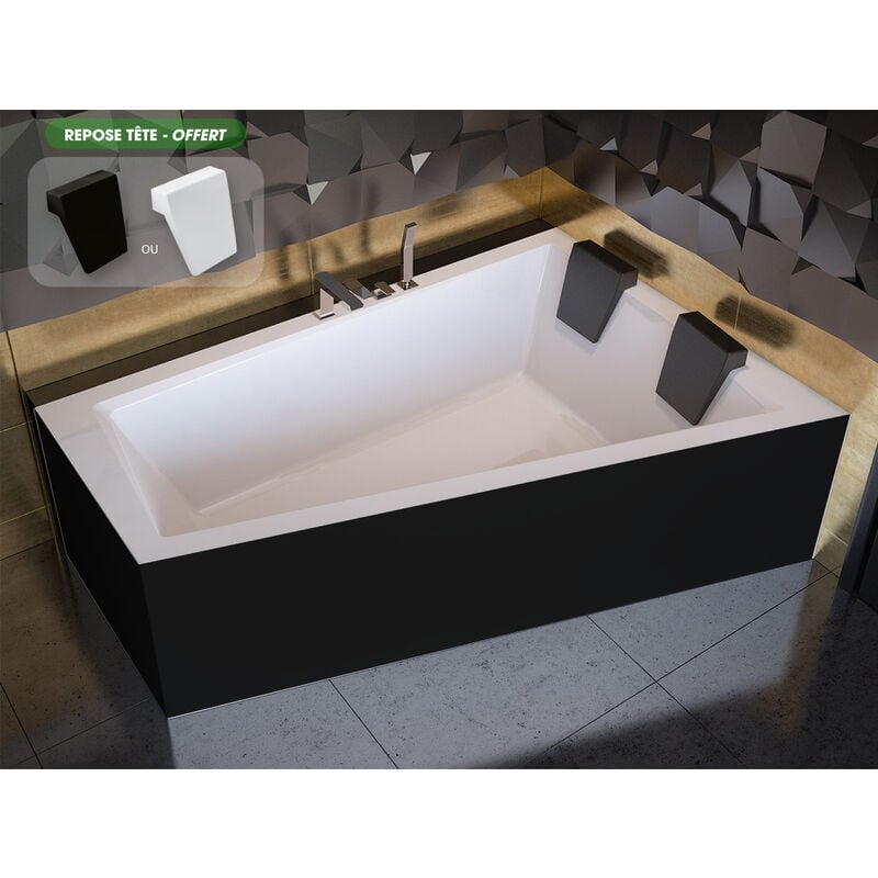 Otitec - Baignoire asymétrique blanche + tablier noir + repose tête - 180 x 125 - Droite - intima duo - noir