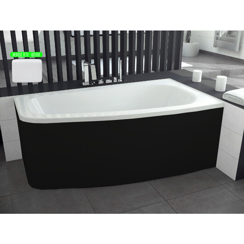 Otitec - Baignoire asymétrique blanche + tablier noir + repose tête - luna - 150 x 80 - Droite - noir