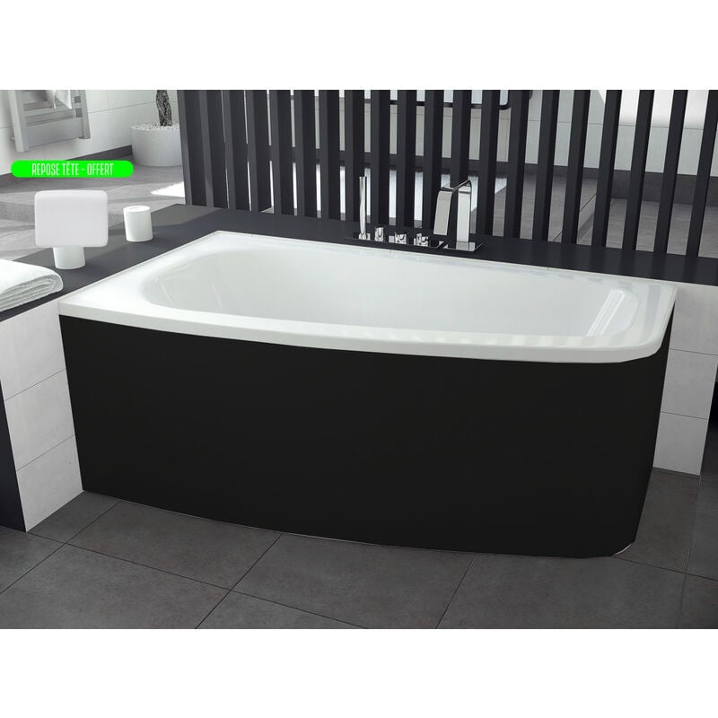 Otitec - Baignoire asymétrique blanche + tablier noir + repose tête - luna - 150 x 80 - Gauche - noir