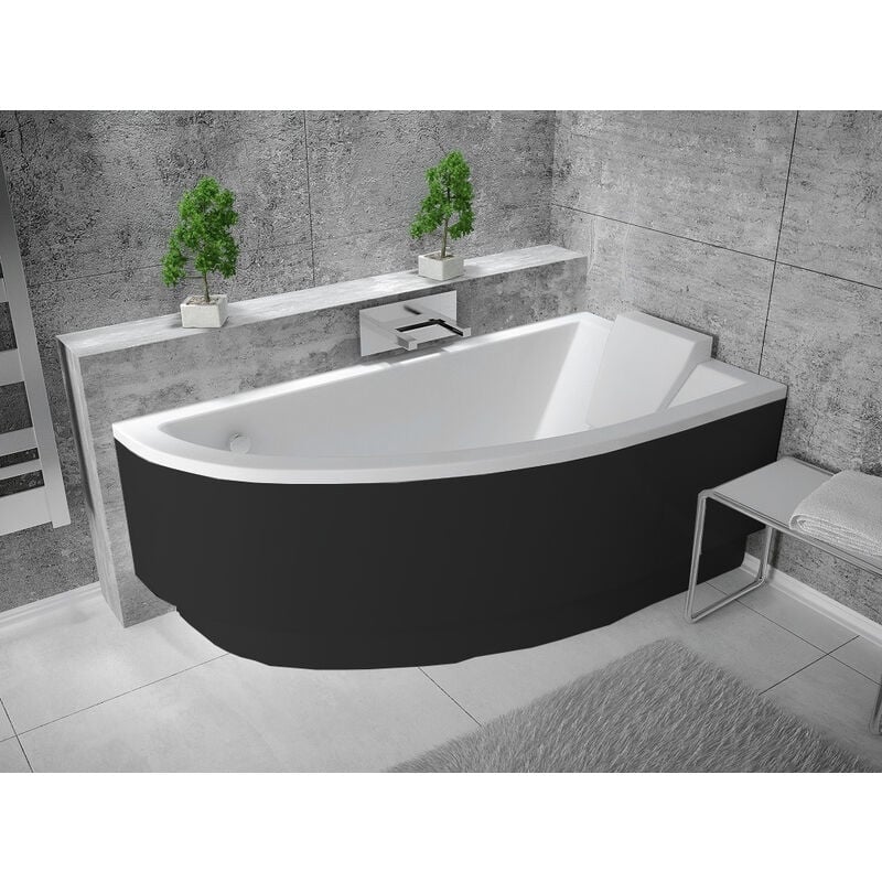 Baignoire asymétrique blanche + tablier noir + repose tête - praktika - 150 x 70 - Droite - noir