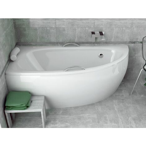 Baignoire asymétrique blanche + tablier + repose tête + poignées - MILENA PREMIUM - 150 x 70 - Gauche