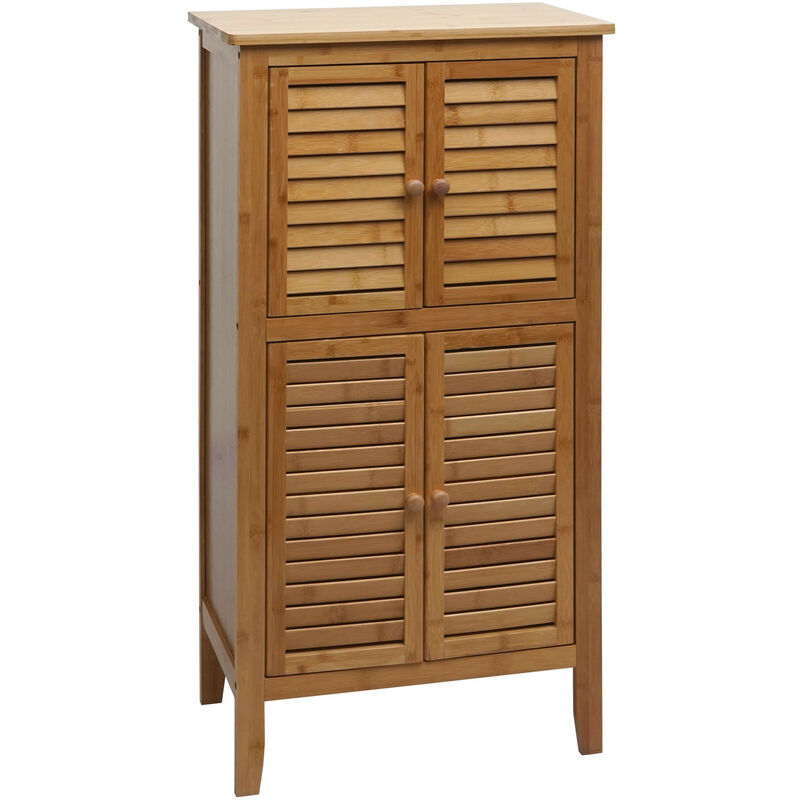Armoire de salle de bain HWC-B18 - étagère commode - 4 portes bambou 100x50x30cm