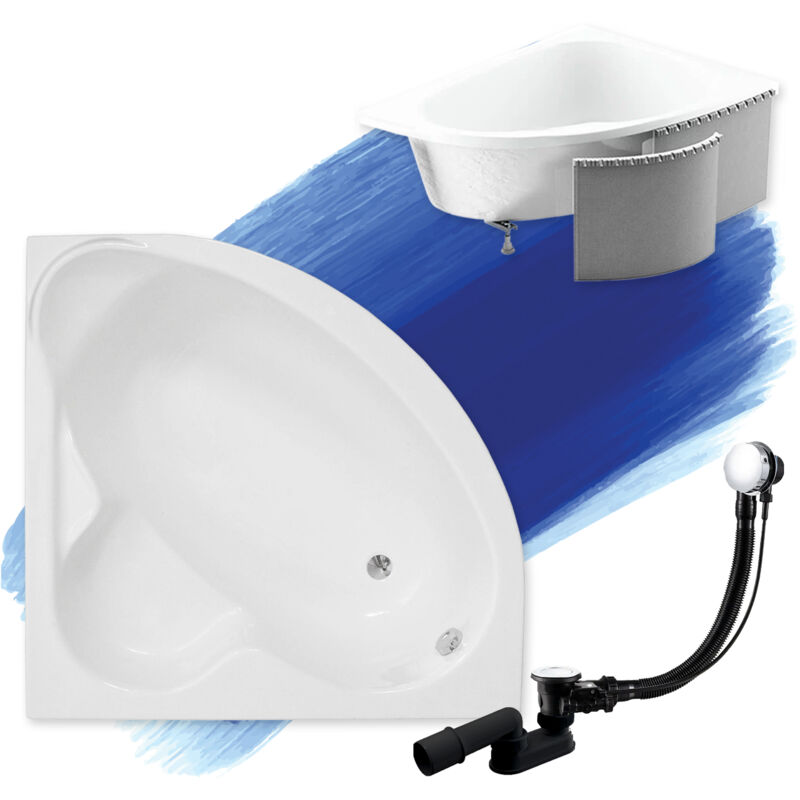 Badland - Baignoire Bain d'angle 120x120 avec des panneaux en polystyrène, Siphon de bain et pieds (support) - Set 4en1 - Fabriqué en ue standard