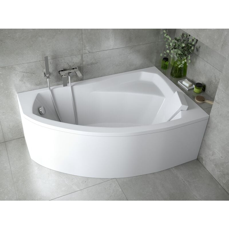 Badland - Baignoire Bain d'angle 140x90 Droite avec tablier en acrylique + appui-tête, Siphon de bain et pieds (support) - Set 5en1 - Fabriqué ue rima