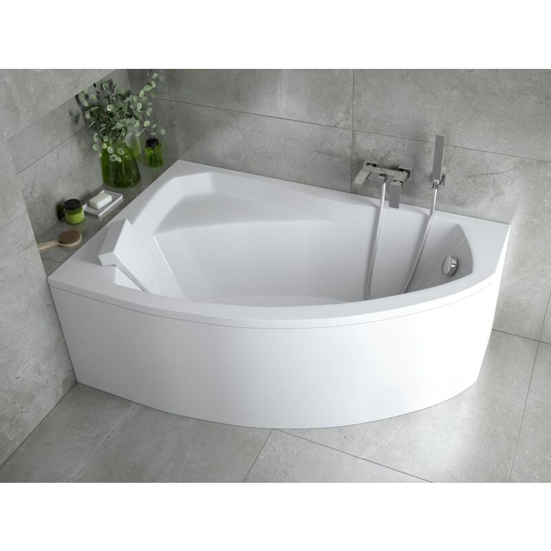 Badland - Baignoire Bain d'angle 140x90 Gauche avec tablier en acrylique + appui-tête, Siphon de bain et pieds (support) - Set 5en1 - Fabriqué ue rima