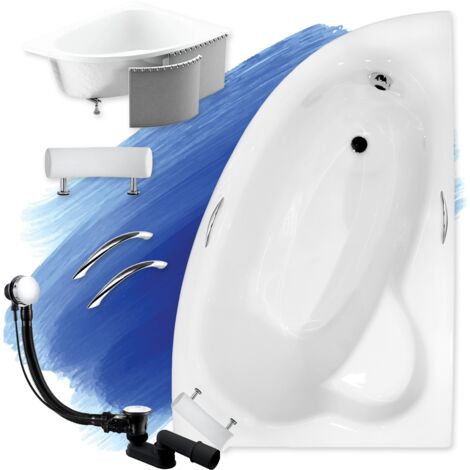 Baignoire Bain d'angle 150x100 Droite avec des panneaux en polystyrène + poignée + appui-tête, Siphon de bain et pieds 6en1 - BADLAND NATALIA PREMIUM