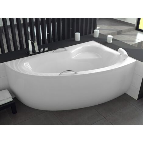 Baignoire Bain d'angle 150x100 Droite avec tablier en acrylique + poignée + appui-tête, Siphon de bain et pieds - Set 6en1 - BADLAND NATALIA PREMIUM