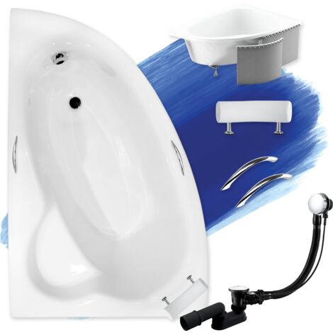 Baignoire Bain d'angle 150x100 Gauche avec des panneaux en polystyrène + poignée + appui-tête, Siphon de bain et pieds 6en1 - BADLAND NATALIA PREMIUM