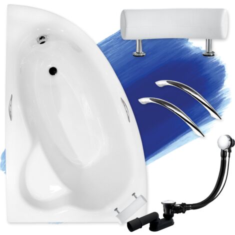 Baignoire Bain d'angle 150x100 Gauche + poignée + appui-tête, Siphon de bain et pieds (support) - Set 5en1 - Fabriqué en UE - BADLAND NATALIA PREMIUM