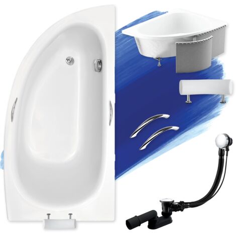 Baignoire Bain d'angle 150x70 Droite avec des panneaux en polystyrène + poignée + appui-tête, Siphon de bain et pieds - 6en1 - BADLAND MILENA PREMIUM