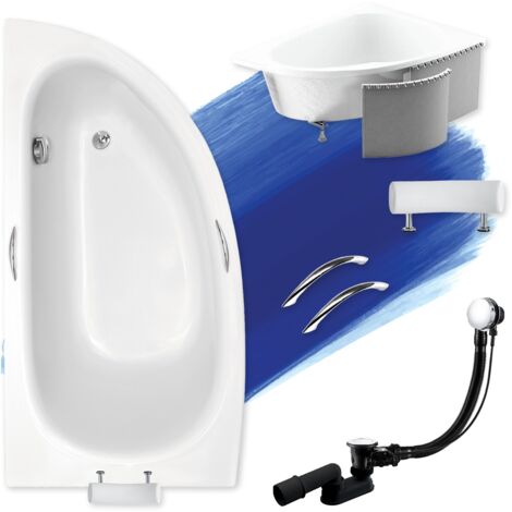 Baignoire Bain d'angle 150x70 Gauche avec des panneaux en polystyrène + poignée + appui-tête, Siphon de bain et pieds - 6en1 - BADLAND MILENA PREMIUM