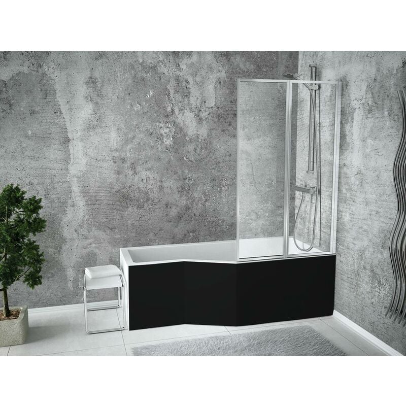 Baignoire bain douche avec pare baignoire et 2 volets - droite - avec tablier de baignoire noir - 150 x 75 Cm - integra