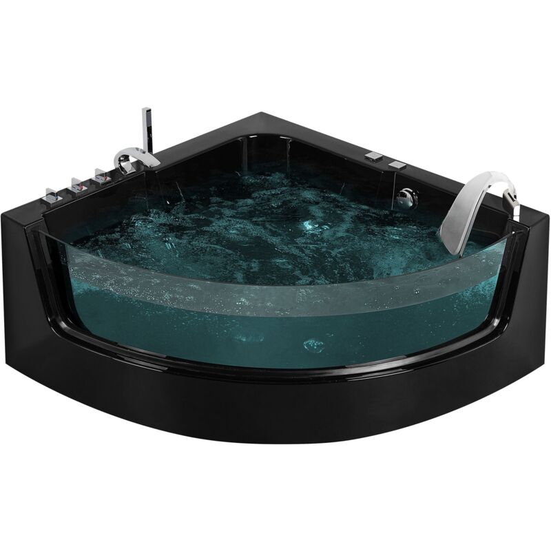 Beliani - Baignoire Balnéo d'Angle en Acrylique Noir avec Grande Surface Vitrée Robinet Cascade et Eclairage led INtégré Capacité Max de 260 Litres