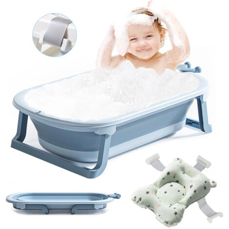 Baignoire Bébé Couronne Pliante pour 0-6 ans bébé avec Tapis de Bain Détachable - 36L/Bouchon de Vidange/TPE Coussin Antidérapant