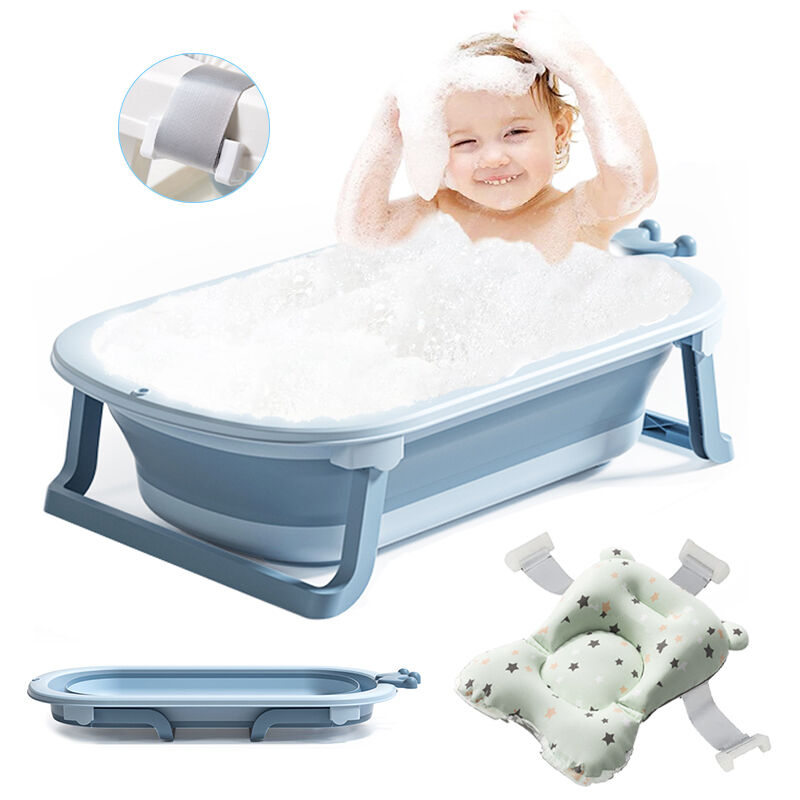 Baignoire Bébé Couronne Pliante pour 0-6 ans bébé avec Tapis de Bain Détachable - 36L/Bouchon de Vidange/TPE Coussin Antidérapant