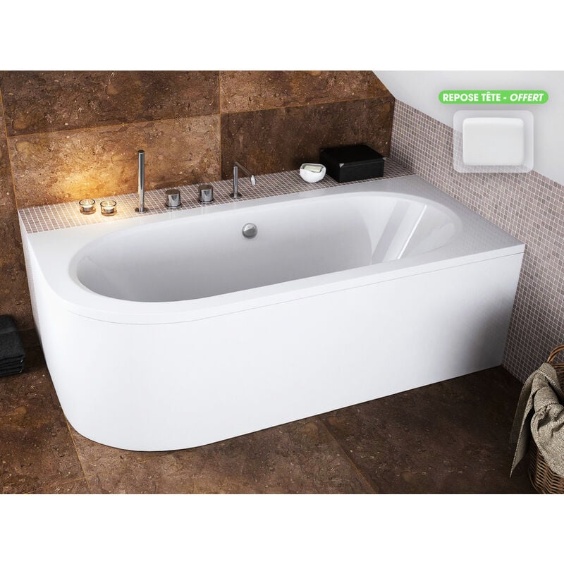 Otitec - Baignoire d'Angle - avec Tablier Blanc et Repose Tête offert avita 160x75 - Droite - Blanc