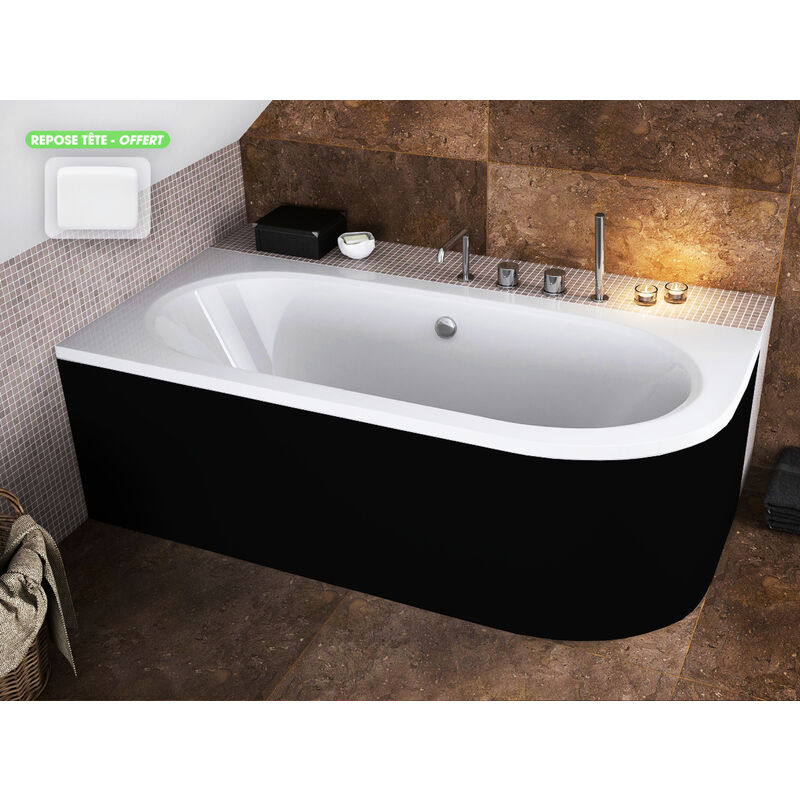 Otitec - Baignoire d'Angle - avec Tablier Noir Mat et Repose Tête offert avita 150x75 - Gauche - Noir