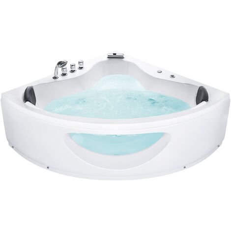 Baignoire d'Angle Balnéo 146 cm en Acrylique Blanc 2 Personnes 12 Jets à LED Tocoa - Blanc