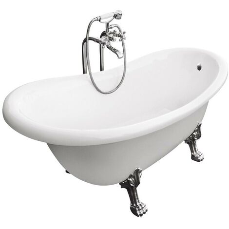 Baignoire îlot blanc sur pieds pattes de lion chrome OTYLIA 160x77