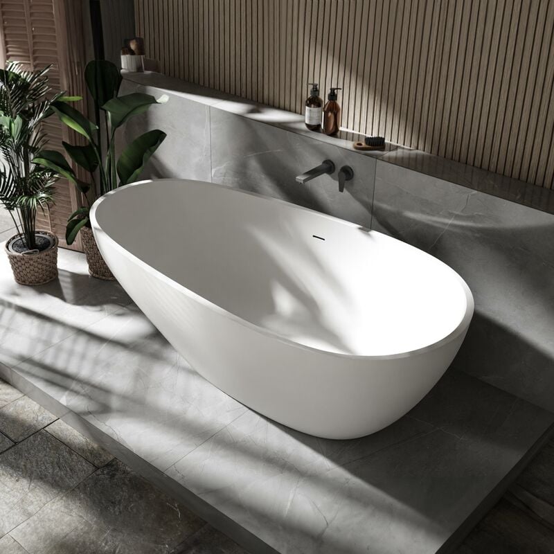 Bernstein - Baignoire îlot Fonte minérale ovale 180x90x58cm + bonde et trop plein - Blanc mat - vela stone