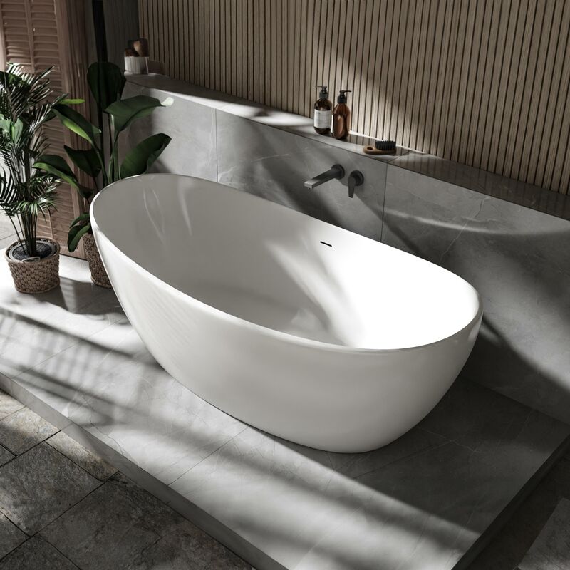 Grande Baignoire îlot ovale design en fonte minérale pour salle de bain, isolation thermique - Blanc - 180x85x64cm - hawaii stone - Finition au choix