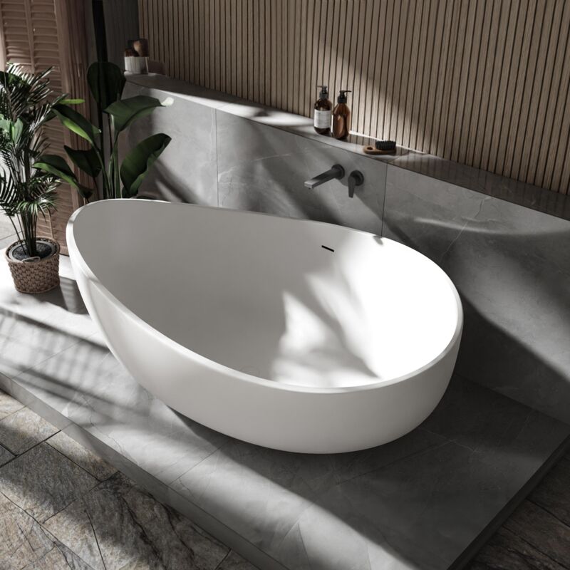 Grande Baignoire îlot moderne en fonte minérale pour salle de bain avec bonde et trop plein, isolation thermique et anti-décoloration - 180x110x62cm