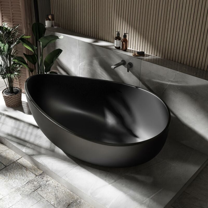 Grande Baignoire îlot moderne design en fonte minérale pour salle de bain avec bonde et trop plein, isolation thermique et anti-décoloration
