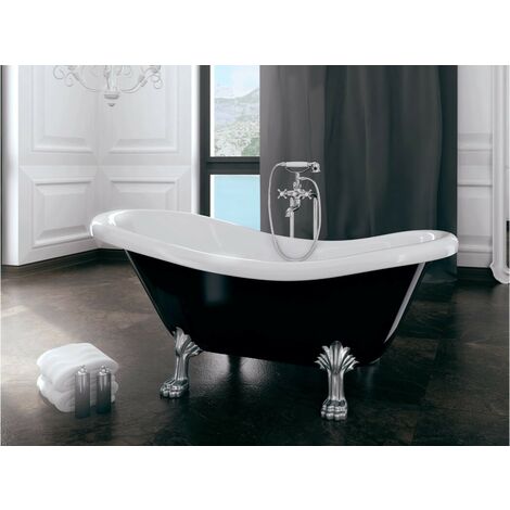 Baignoire îlot noir brillant sur pieds pattes de lion chrome OTYLIA 160x77