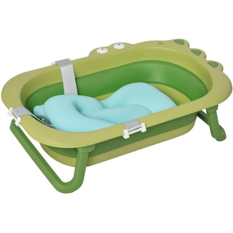 Baignoire pliante 0-3 ans avec coussin réglable bleu clair, pieds antidérapants, 80x53,9x20,8 cm, vert