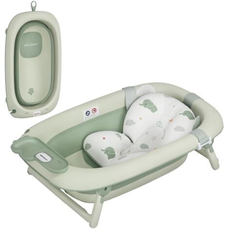 Baignoire pliante pour bébé avec porte-coussin de bain avec trou de drainage à bouton et étagère de douche en crochet vert