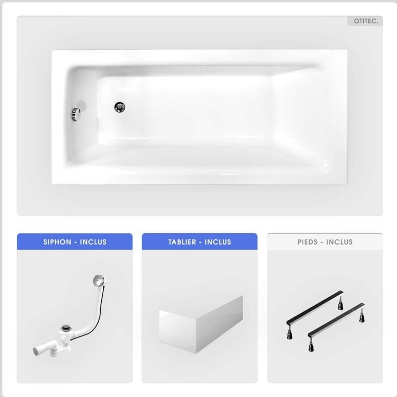 Otitec - Baignoire rectangulaire - 110 x 70 cm - avec Tablier Blanc - Pieds - Vidage Chrome - talia