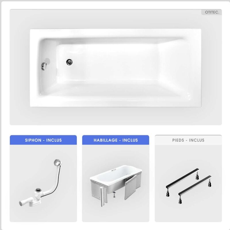 Otitec - Baignoire rectangulaire - 120 x 70 cm - avec Habillage - Pieds - Vidage Chrome - talia