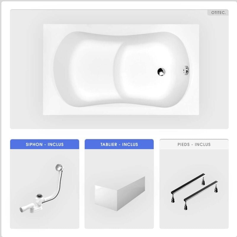 Otitec - Baignoire rectangulaire - 120 x 70 cm - avec Tablier Blanc - Pieds - Poignées - Vidage Chrome - aria rehab