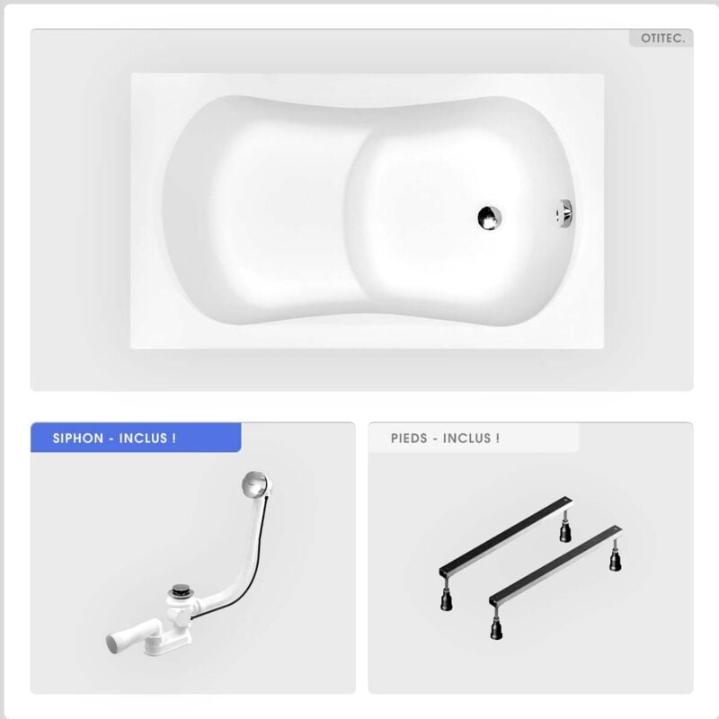 Otitec - Baignoire rectangulaire - 120 x 70 cm - sans Habillage - avec Pieds - Poignées - Vidage Chrome - aria rehab