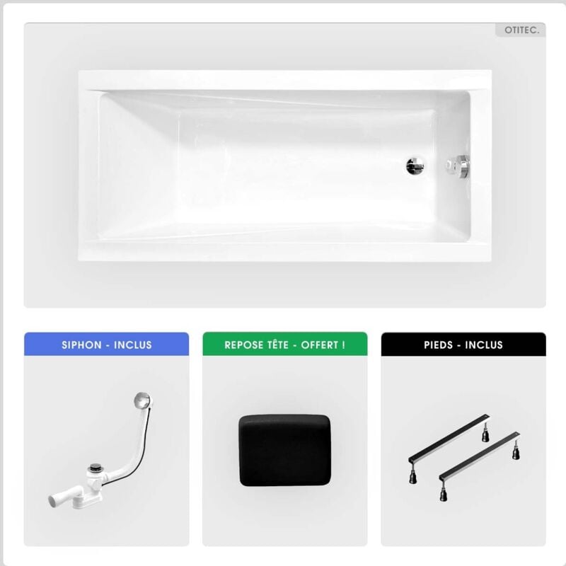 Baignoire rectangulaire - 120 x 70 cm - sans Habillage - avec Pieds - Repose-tête - Vidage Chrome - modern