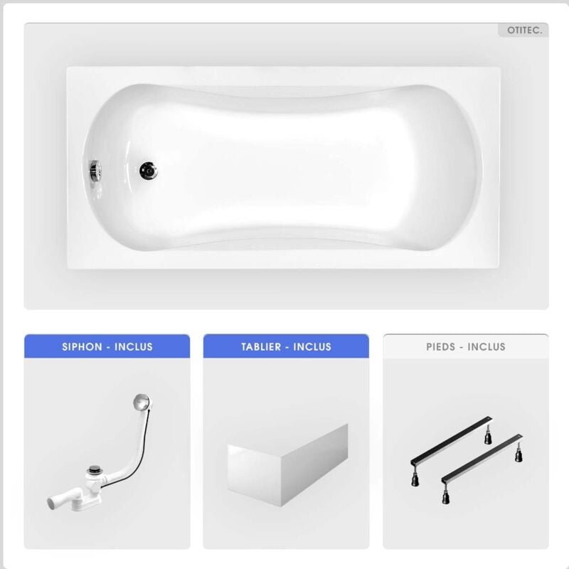 Otitec - Baignoire rectangulaire - 130 x 70 cm - avec Tablier Blanc - Pieds - Vidage Chrome - aria