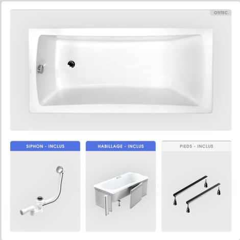 Baignoire rectangulaire - 150 x 70 cm - avec Habillage - Pieds - Vidage Chrome - OPTIMA