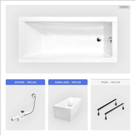 Baignoire rectangulaire - 150 x 70 cm - avec Habillage Polystyrène - Pieds - Vidage Chrome - MODERN SLIM