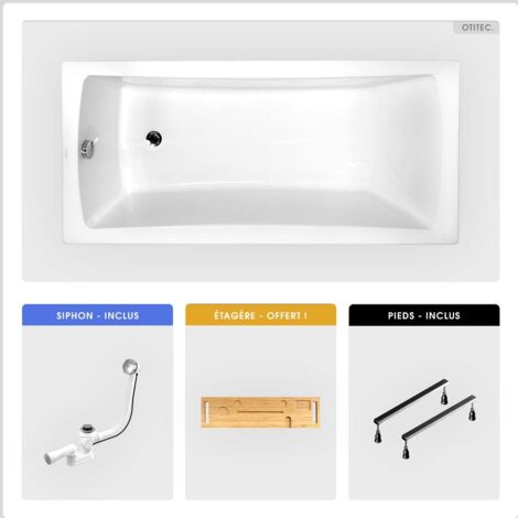 Baignoire rectangulaire - 150 x 70 cm - sans Habillage - avec Pieds - Étagère bambou - Vidage Chrome - OPTIMA