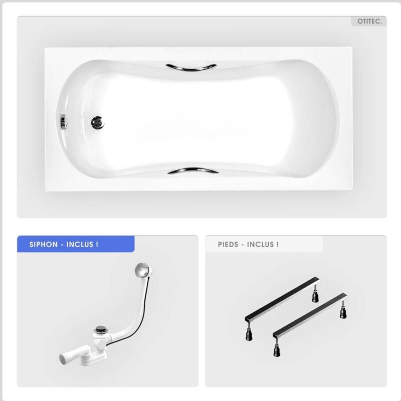Otitec - Baignoire rectangulaire - 150 x 70 cm - sans Habillage - avec Pieds - Poignées - Vidage Chrome - aria plus
