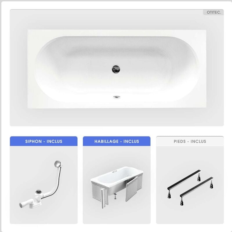 Otitec - Baignoire rectangulaire - 150 x 75 cm - avec Habillage - Pieds - Vidage Chrome - vitae