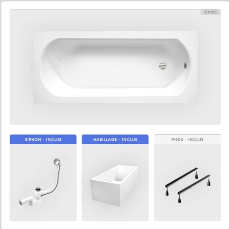 Baignoire rectangulaire - 150 x 75 cm - avec Habillage Polystyrène - Pieds - Vidage Chrome - INTRICA