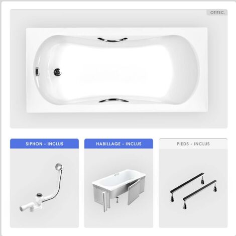 Baignoire rectangulaire - 160 x 70 cm - avec Habillage - Pieds - Poignées - Vidage Chrome - ARIA PLUS