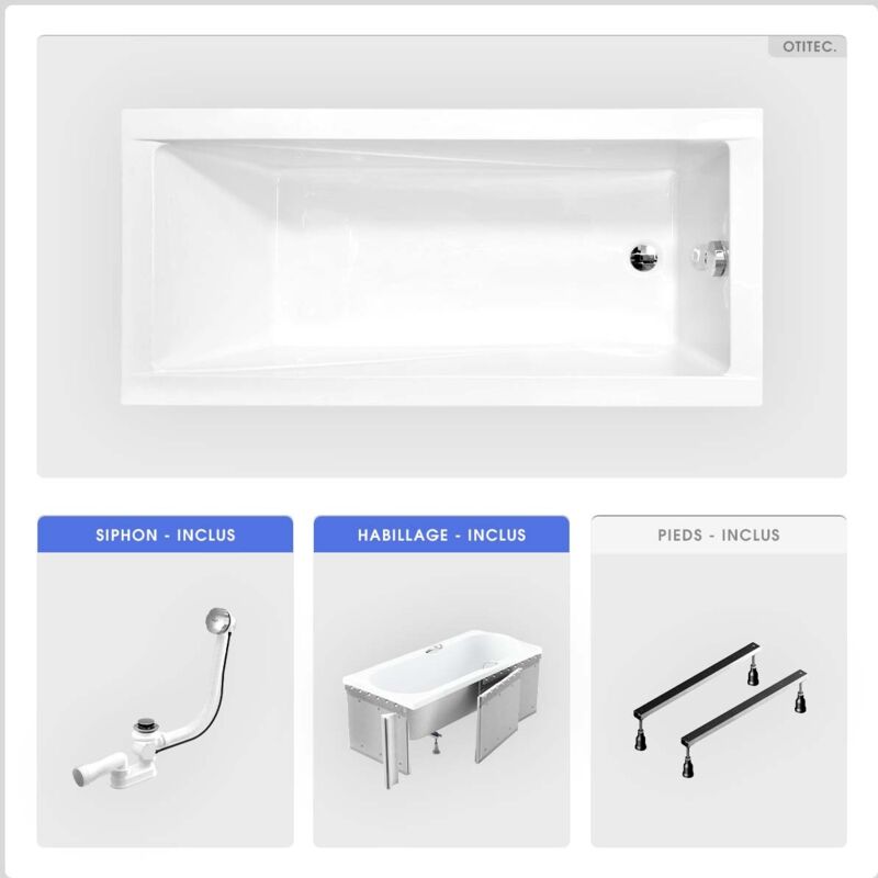 Otitec - Baignoire rectangulaire - 160 x 70 cm - avec Habillage - Pieds - Vidage Chrome - modern