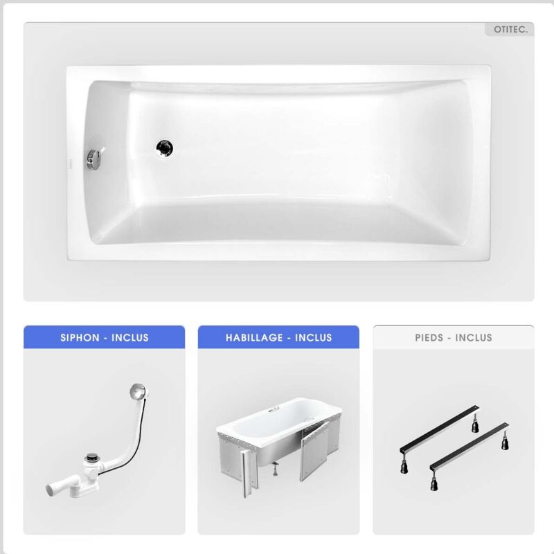Otitec - Baignoire rectangulaire - 160 x 70 cm - avec Habillage - Pieds - Vidage Chrome - optima